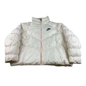 Nike Puffer Jacket Women XXL White Zip Front Stand Collar Quilted Embroider Logo